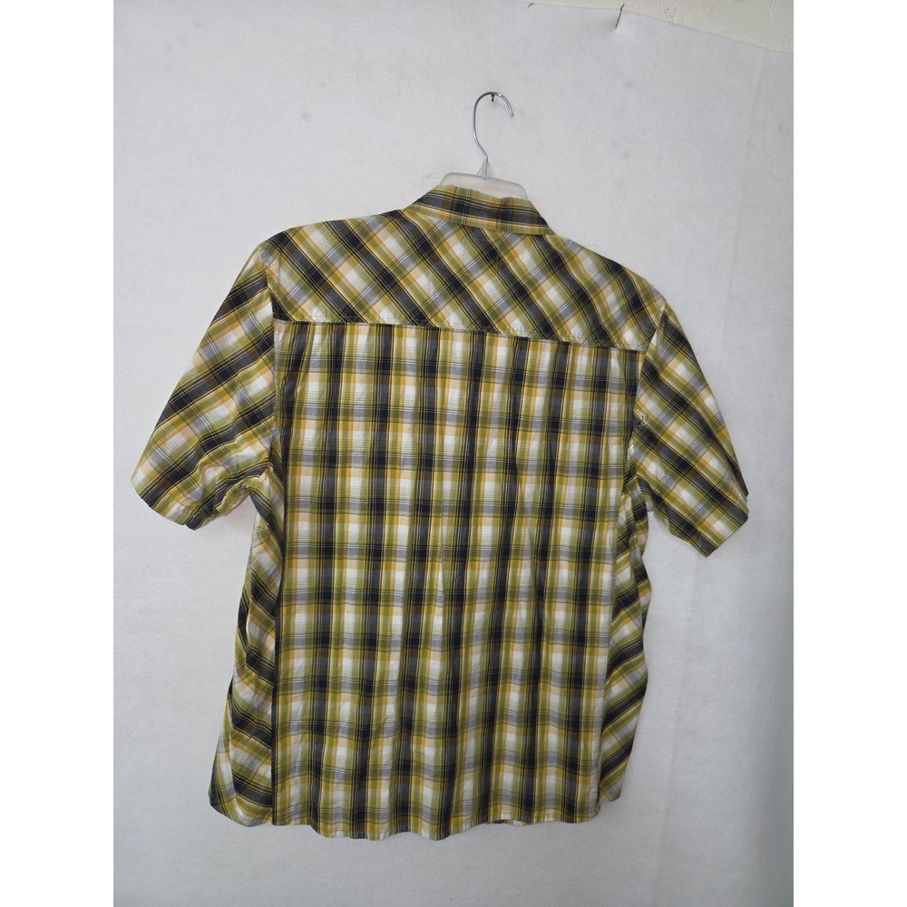 Prana Mens XL Short Sleeve Plaid Snap Front Shirt Yellow Green Organic Cotton - Picture 2 of 8